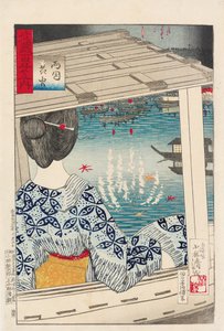 Fogo de artifício na ponte de Ryogoku de Kiyochika Kobayashi