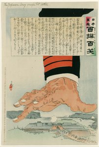 Guerra Russo-Japonesa 1904-1905: Uma enorme mão japonesa esmagando Port Arthur (Lushun) 25 de Julho de 1904. A Rússia finalmente entregou Port Arthur a 2 de Janeiro de 1905. Kobayashi Kiyochika (1847-1915) artista japonês.
