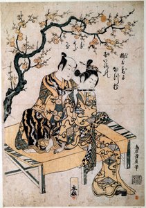 Arte japonesa: um músico dá um lecão de flauta a uma jovem mulher. Gravura de Kiyohiro Torii (1737-1766) Paris do século XVIII, B.N. de Kiyohiro Torii