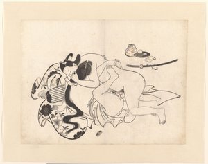 Casal fazendo amor em envolvimento íntimo de Kiyonobu (I) , Torii