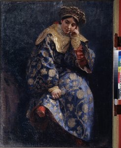 Filha de boyar (boiard, boiar) (Filha de Boyar). Retrato de uma jovem nobre russa tradicional, durante o Tempo de Dificuldades, entre 1598 e 1613. Pintura de Klavdi Vasilyevich Lebedev (1852-1916), óleo sobre tela