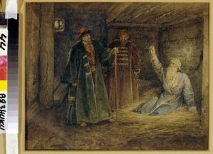 Le czar Ivan IV le terrible (1530-1584) et Maliouta Skouratov (mort em 1573) visitante le Boyard (boiard, boiar) Morozov (?) na prisão. (Czar Ivan IV o Terrível e Malyuta Skuratov visitando Boyar Morosov). Pintura de Klavdi Vasilyevich Lebedev (1852-191