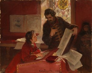 Nikita Zotov ensina o jovem Pedro I, 1902 de Klavdiy Vasilievich Lebedev