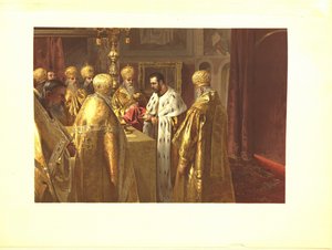 A cerimônia de coroação de Nicolau II. A Eucaristia, 1899 de Klavdiy Vasilievich Lebedev