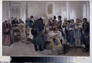 Venda em leilão de servos. Entre vários objectos (tapetes, gaiolas, pinturas, livros e quinquilharias), uma família camponesa é exposta para ser vendida. Os nobres e proprietários de terras flanqueiam e observam, rodeados por