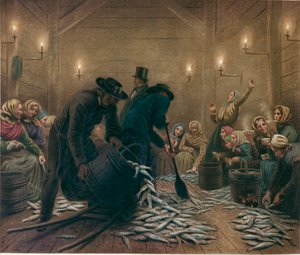 Dentro de um armazém de arenque em Bergen (óleo sobre tela) de Knud Bergslien