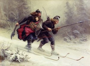 Soldados do rei norueguês Sverre, Torstein Skevla e Skjervald Skrukka carregando o filho do rei Hakon Hakonsson de Knud Bergslien