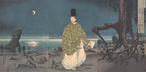 Heian Period Courtier em uma praia iluminada pela lua, século 19.