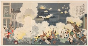 Pânico nas ruas da cidade durante o bombardeio de Port Arthur de Kobayashi Kiyochika