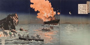 Resgate de um navio de guerra em chamas. Uma cena da guerra entre a China e o Japão de Kobayashi Kiyochika