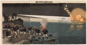 O uso da eletricidade durante o ataque a Pyeongyang de Kobayashi Kiyochika