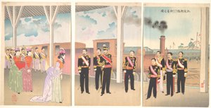 Chegada triunfal do imperador à estação de Shinbashi de Kobayashi Kiyochika