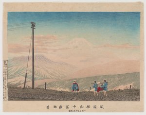 Vista do Monte Fuji das montanhas de Hakone, esboçada às 3 da manhã no início de janeiro de 1881 (impressão em xilogravura a cores) de Kobayashi Kiyochika