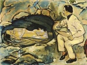 Auto-retrato, desenho com sereia na gruta da rocha, 1914. de Koloman Moser