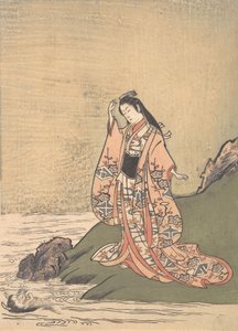 Uma garota à beira de um córrego vê a cabeça de um demônio na água, meados do final do século XVIII. de Komatsuken Shoshoken