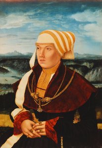 Retrato de Dorothea von Stralenburg, 26 anos, três quartos, em um vestido vermelho e preto com ornamentos de ouro, antes de uma extensa paisagem, 1533