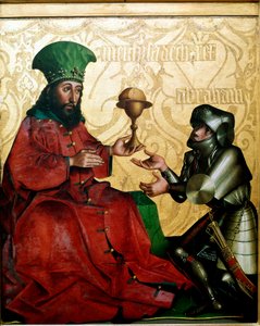 Abraão e Melquisedec O rei de Salem Melquisedec (Melchisedec ou Melchisedec ou Melkisedeq ou Melki-Tsedeq ou Melki Tsedeq) oferece a Abraão, vitorioso na luta contra Kedor-Laomer (Kedor Laomer), pão e vinho. Pintura de Konrad (Conrad) Witz (