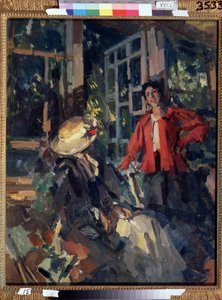 Na Janela. Duas jovens mulheres, uma muito sorridente, a outra muito elegante, em frente a uma grande janela da baía. Pintura de Konstantin Alexeyevich Korovin (Constantin Korovine) (1861-1939), óleo sobre tela de Konstantin Alekseevich Korovin