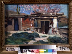 Crimeia, amendoeiras em flor. (A Crimeia, amendoeiras floridas). Jovem em frente a uma pequena casa de madeira, sob amendoeiras cor de rosa. Pintura de Konstantin Alexeyevich Korovin (Constantin Korovin) (1861-1939), óleo sobre tela de Konstantin Alekseevich Korovin