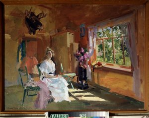 Na Sala. Uma jovem mulher com um vestido de cor clara, sentada em frente a uma janela, através da qual o jardim pode ser visto no Verão. Pintura de Konstantin Alexeyevich Korovin (1861-1939), óleo sobre tela de Konstantin Alekseevich Korovin