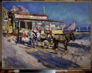 Gurzouf (Crimea) (Gurzuf). Aldeia portuária aninhada numa baía, esquecida pela Montanha do Urso. Pintura de Konstantin Alexeyevich Korovin (Constantin Korovine) (1861-1939), óleo sobre tela de Konstantin Alekseevich Korovin