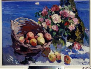 Gurzuf, Ucrânia (Gurzuf). Natureza morta de flores e frutas à beira-mar Pintura de Konstantin Alexeyevich Korovin (Constantin Korovin) (1861-1939), óleo sobre tela de Konstantin Alekseevich Korovin