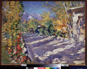 O caminho para Gurzuf (Crimea, Rússia). (Estrada para Gurzuf). Estrada sombreada no meio do Verão que conduz à montanha perto da costa marítima. Pintura de Konstantin Alexeyevich Korovin (Constantin Korovine) (1861-1939), óleo sobre tela de Konstantin Alekseevich Korovin