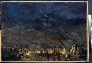 O Campo Polovtsian - Desenho de palco para o Príncipe Igor da Ópera por Alexander Borodin - Sob um céu estrelado, as tendas do campo emolduram o brilho dos fogos, no de Konstantin Alekseevich Korovin