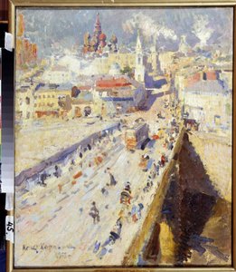 Moscou Velha (Moscovo Velha). Vista da ponte que dá acesso à cidade, com as fachadas dos prédios e os telhados das igrejas, sob um sol deslumbrante. Pintura de Konstantin Alexeyevich Korovin (Constantin Korovin) (1861-1939), óleo sobre tela