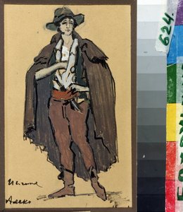 Projet de costume para a ópera "Aleko" de Sergei (Serguei) Rachmaninov (Serge Rachmaninoff) (1873-1943) (Desenho de fantasia para a ópera Aleko de S. Rachmaninov). Oeuvre de Konstantin Alexeyevich Korovin (Constantin Korovine) (1861-1939), aquarelle et gou de Konstantin Alekseevich Korovin