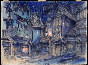 Projet de decor pour le ballet Esmeralda de Anton Simon (1851-1916) (Projecto de palco para o ballet Esmaralda de A.Simon). Oeuvre de Konstantin Alexeyevich Korovin (Constantin Korovine) (1861-1939), tempera sur carton de Konstantin Alekseevich Korovin