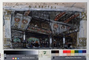 Projet de decor pour le ballet Le Poisson Dore de Ludwig (Leon) Minkus (1826-1917) (Desenho de palco para o ballet The Golden Fish de L.Minkus). Oeuvre de Konstantin Alexeyevich Korovin (Constantin Korovine) (1861-1939), tempera, encre ou et argent sur car de Konstantin Alekseevich Korovin