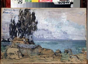 Projecto de palco para o lago do ballet Swan de P. Tchaikovsky (1840-1893). Paisagem, a margem de um lago com um monte de árvores. Trabalho de Konstantin Alexeyevich Korovin (Constantin Koro de Konstantin Alekseevich Korovin