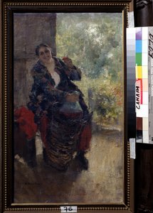 Uma Proprietária, Mulher com um copo de vinho. Uma mulher sentada forte levanta o seu copo para brindar e segura uma enorme garrafa de vinho. Pintura de Konstantin Alexeyevich Korovin (Constantin Korovine) (1861-1939), de Konstantin Alekseevich Korovin