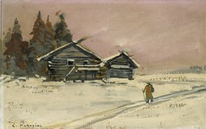 Paisagem de inverno com duas cabanas de madeira (bodycolour e óleo a bordo, montado como um desenho) de Konstantin Alekseevich Korovin