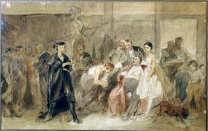 Derriere le rideau dans le serf teatro - Oeuvre de Konstantin Alexandrovich Trutovsky (Troutovsky) (1826-1893) - Atrás da cortina no serf teatro - Aquarelle sur papier - Art russe
