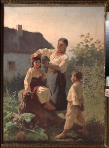 Encadernando uma guirlanda - Pintura de Konstantin Alexandrovich Trutovsky (Troutovsky) (1826-1893), óleo sobre tela