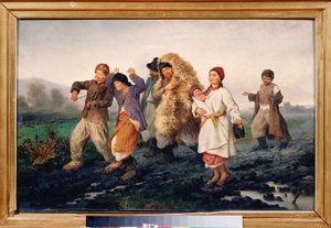 O Retorno da Feira (Uma família camponesa pobre e bêbada caminha por uma estrada lamacenta, cantando e dançando) - O Retorno da Feira - Pintura de Konstantin Alexandrovich Trutovsky (Troutovsky) (1826-1893), óleo sobre tela