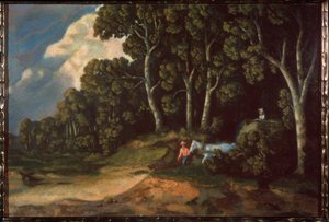 Numa floresta (camponeses conduzindo um vagão de feno para fora da estrada florestal) Pintura de Konstantin (Constantin) Andreyevich Somov (1869-1939), óleo sobre tela. Arte russa de Konstantin Andreevic Somov