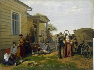 Justiça da paz. Edifício do tribunal de justiça no campo russo, os camponeses esperam enquanto conversam, os advogados estão ocupados. Pintura de Konstantin Apollonovich Savitsky (1844-1905), óleo sobre tela. Arte russa do século XIX. Regis