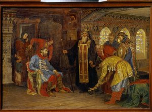 O convite do príncipe Dmitry Pozharsky (1577-1642) para comandar os exércitos para a libertação de Moscou. (O convite do príncipe Pozharsky para governar exércitos para a libertação de Moscou). Depois de receber a bênção de Irenarco de Rostov, o príncipe