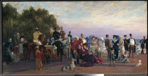 Na Split Of The Island, Strelka (São Petersburgo). Encontro de aristocratas numa noite de Verão. Pintura de Konstantin Apollonovich Savitsky (1844-1905), óleo sobre tela, ca. 1870. Arte russa do século XIX, realizada