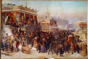 Baladas na Praça Admiraut, em St. Petersburg Street Theatre Show. Pintura de Constantine Makovsky (Makovsky) (1839-1915) (ec.rus.) 1869 Moscou, Galeria Tretyakov de Konstantin Egorovich Makovsky