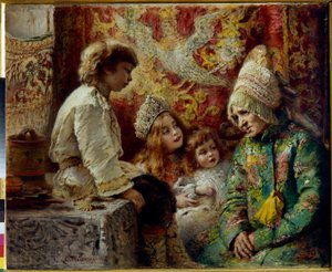 Avó com Crianças (Conto de Fadas da Avó) - Makovsky, Konstantin Yegorovich (1839-1915) - 1882 - Óleo sobre madeira - Museu Estatal ao Ar Livre Palácio de Pavlovsk, São Petersburgo de Konstantin Egorovich Makovsky