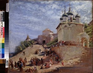 Place devant la citadelle du kremlin de Nijny Novgorod (russie). (Praça Antes da Cidadela de Nizhny Novgorod Kremlin). Peinture de Konstantin Yegorovich Makovsky (Constantin Makovski) (1839-1915), huile sur toile 19e siecle. Museu Regional de Arte, Arkh de Konstantin Egorovich Makovsky