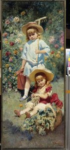 Retratos dos filhos do artista. (Retrato dos filhos do artista). Representado num jardim florido no verão, o mais velho carrega um ancinho e um regador, o mais novo está sentado na relva, junto a um cesto cheio de cachos de uvas. Pintura de Konst de Konstantin Egorovich Makovsky