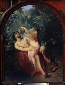 Satyr e Ninfa. Casal nu e bêbado, a ninfa no colo do sátiro alimenta-o com um cacho de uvas, colhidas nas videiras à sua volta. Pintura de Konstantin Yegorovich Makovsky (Constantin Makovski) (1839-1915), óleo