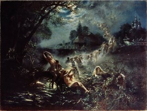 Sereias (sereias). À noite, mulheres nuas tecem guirlandas em um rio, depois formam uma corrente segurando uma na outra e subindo para o céu antes de se misturar às nuvens. Pintura Konstantin Yegorovich Makovsky (Constantin Makov