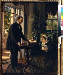 Uma casa senhorial chatelaine (Uma velha senhora está a tomar chá, servido por uma criada que a apresenta com pão e geleia). Pintura de Konstantin Yegorovich Makovsky (Constantin Makovski) (1839-1915), óleo sobre tela de Konstantin Egorovich Makovsky