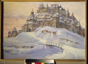 Fortaleza da antiga Rússia (cidade fortificada de madeira sob a neve na Ucrânia na Idade Média). Trabalho de Konstantin (Constantin) Ivanovich Gorbatov (1876-1945), tempera sobre madeira, início do século XX. Colecção privada.